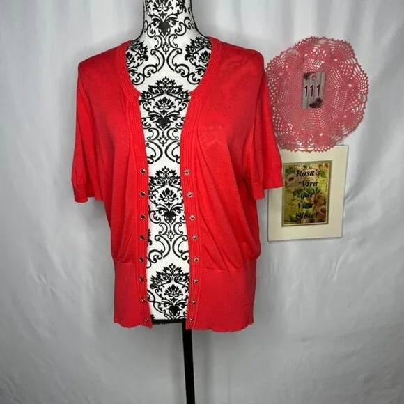 White House Black Market Snap Front Short Sleeve Orange Sweater Blouse Size XL - Picture 5 of 12